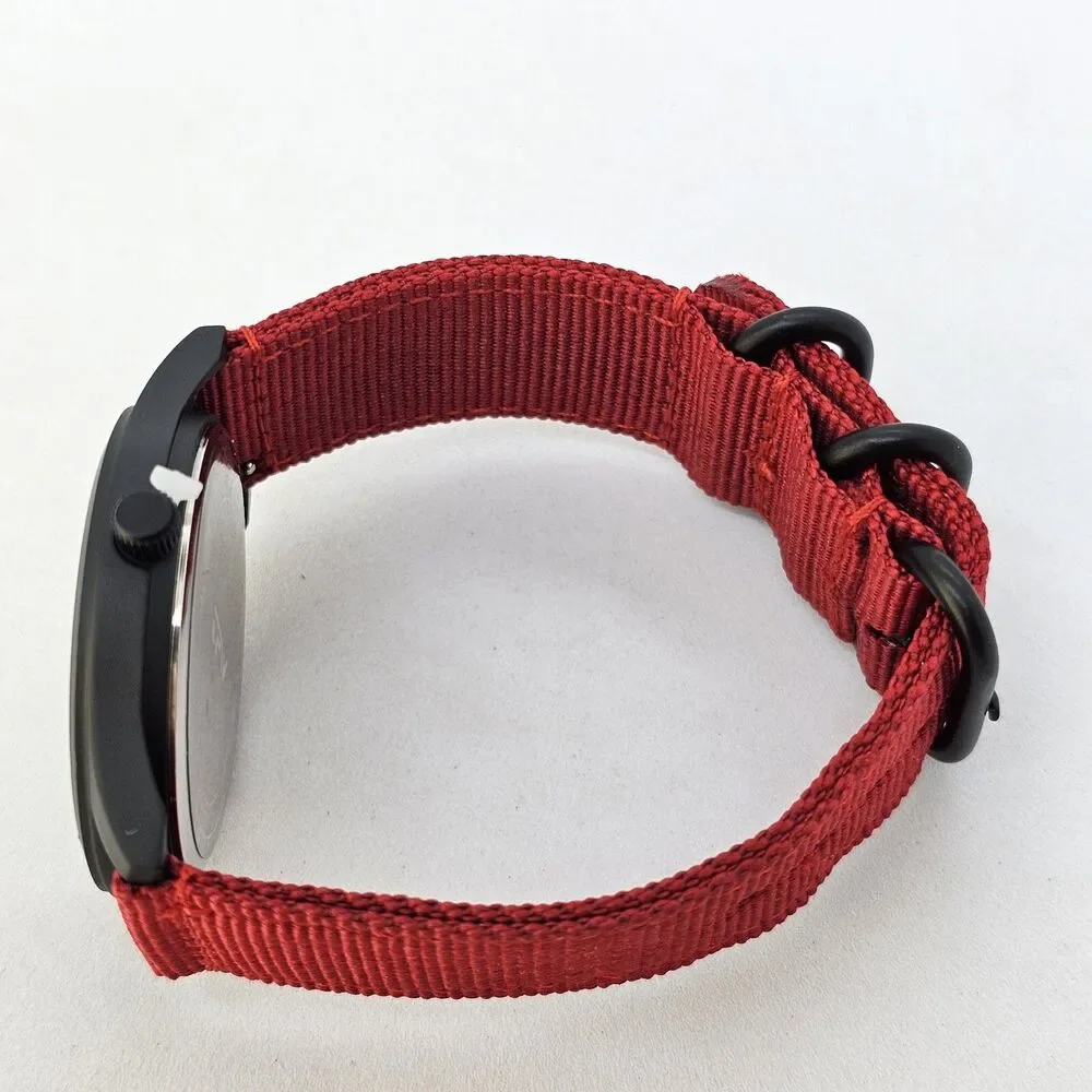 Men's Field Military Watch 42MM Black Case Black Dial Red‎ Canvas Band Straps